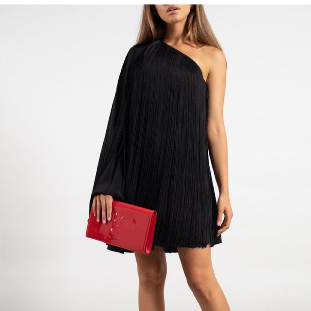 NWT Saint Laurent Black Fringe One-Shoulder Mini Cape Dress Black FR38 / US6-8